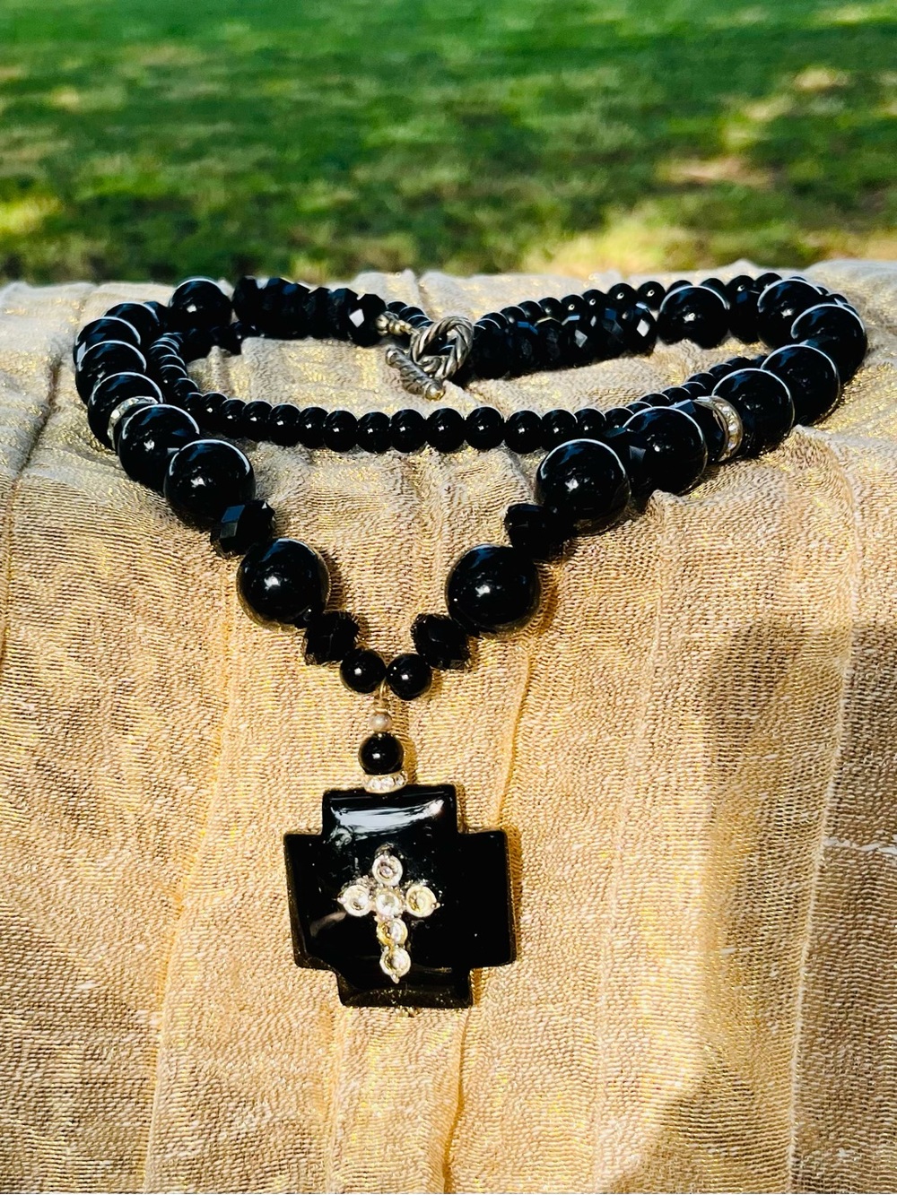 Black Beaded Cross Pendant Necklace - Unbranded